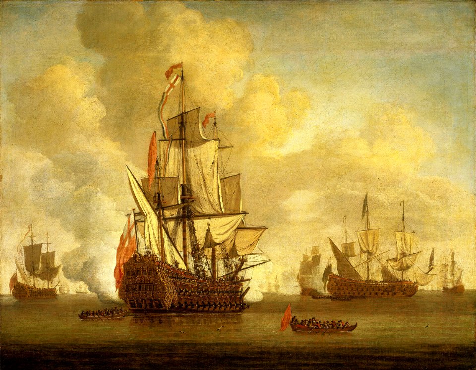 Calm- an English two-decker with sails loosed firing a salute RMG BHC0868