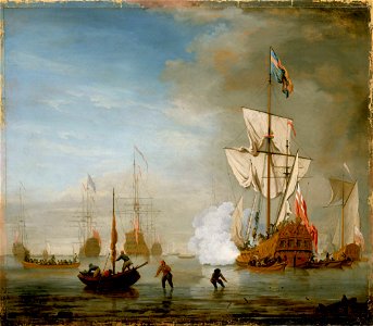 Calm- an English ketch rigged yacht, thought to be the Isabella, with other ships and vessels near the shore RMG BHC3422