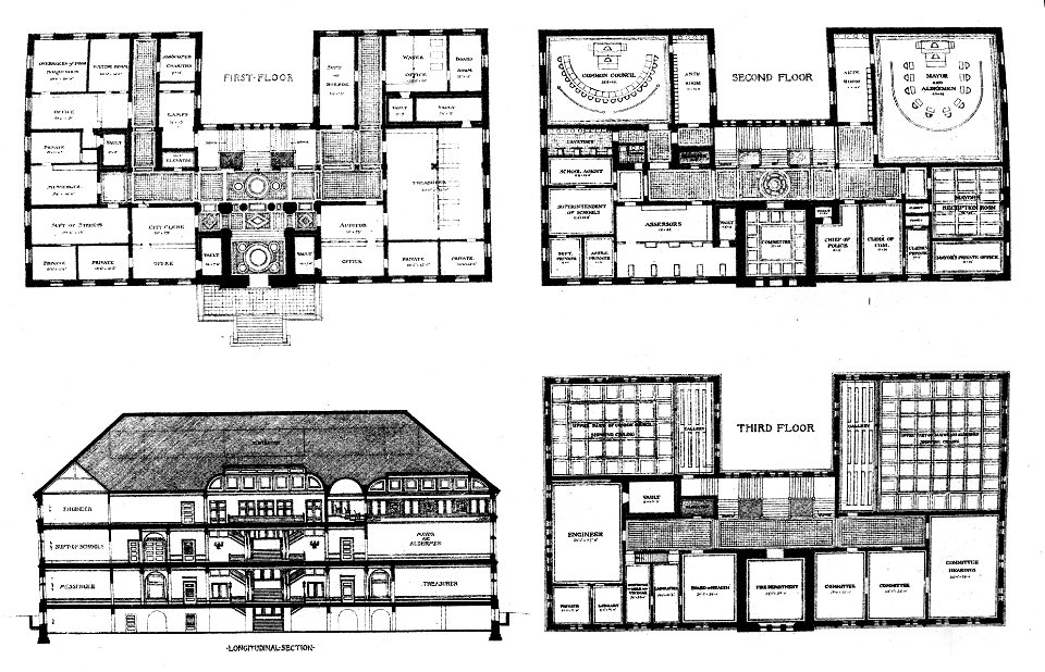 Cambridge, Massachusetts City Hall - Elevation and Floor Plans