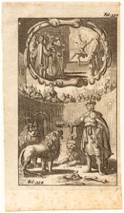 Cambyses doodt de zoon van Prexaspis en Hendrik de IJzeren, hertog van Holstein, tussen de leeuwen, objectnr A 42177