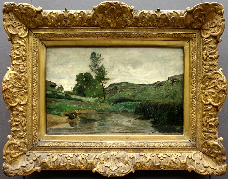 Camille corot, optevoz (presso lione), lavandaie a bordo dell'acqua, 1852