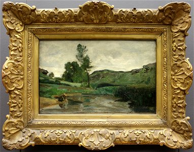 Camille corot, optevoz (presso lione), lavandaie a bordo dell'acqua, 1852