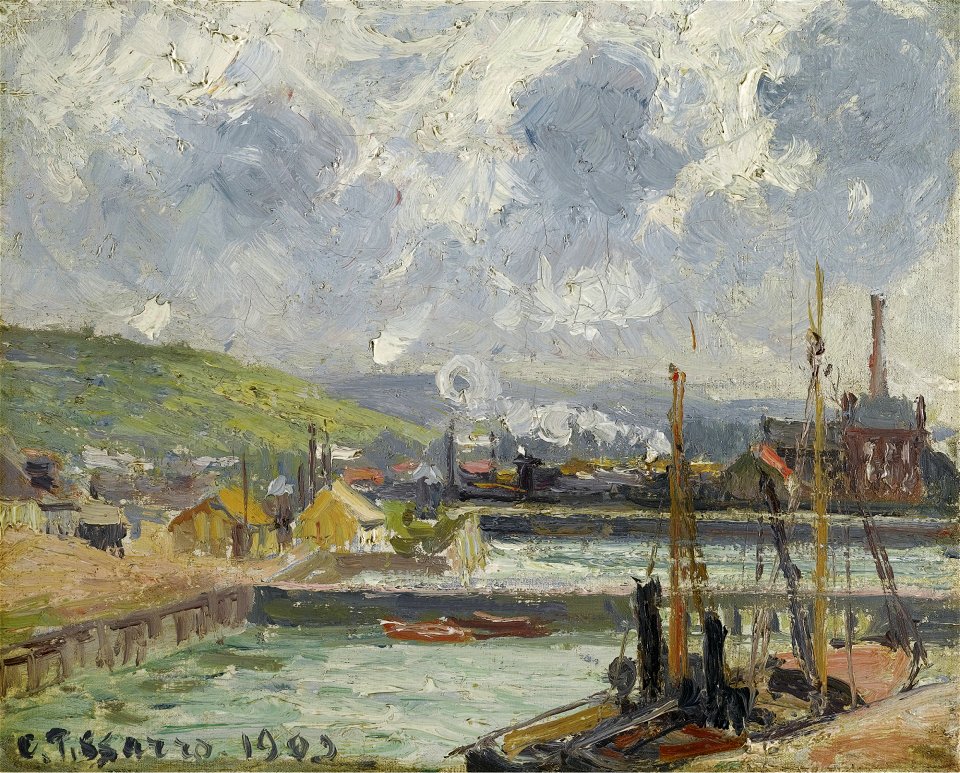 Camille Pissarro - Darse de pêche et bassin Duquesne, Dieppe, temps gris lumineux (PD 1456)