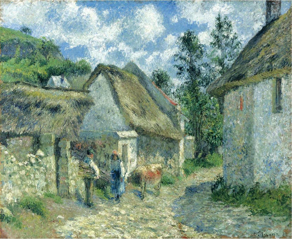 Camille Pissarro - Rue de Roches au Valhermeil à Auvers-sur-Oise, chaumières et vache (PD 632)