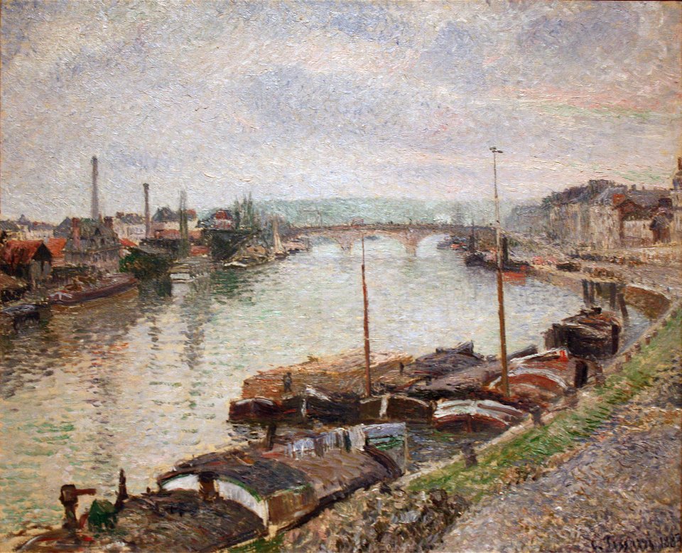 Camille Pissarro - The Stone Bridge and Barges at Rouen (1883)