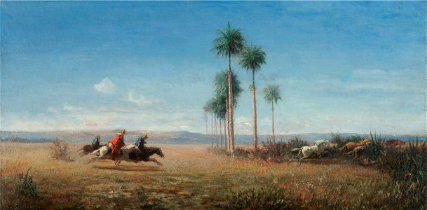 Camille Pissarro, Trois cavaliers et chevaux galopant dans une plaine (Venezuela) , 1857 1858, private collection 