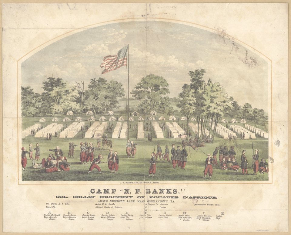 Camp N. P. Banks, Col. Collis' regiment of Zouaves d'Afrique Above Nicetown Lane near Germantown, Pa. - - L. N. Rosenthal, lith., 327 Walnut St., Philad'a. LCCN2010650666