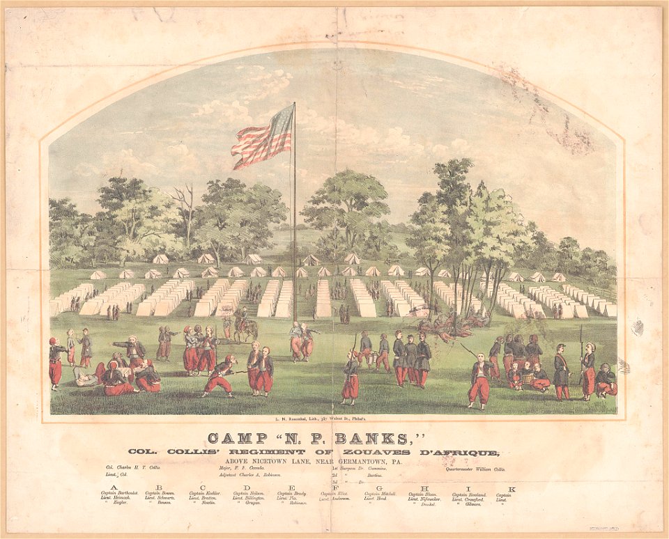Camp N. P. Banks, Col. Collis' regiment of Zouaves d'Afrique Above Nicetown Lane near Germantown, Pa. - - L. N. Rosenthal, lith., 327 Walnut St., Philad'a. LCCN2010650666