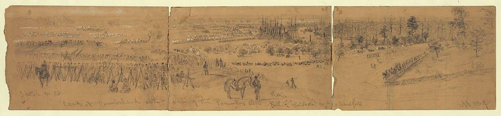 Camp at Cumberland with a view of the Pamunkey River full of gunboats and transports LCCN2004660488
