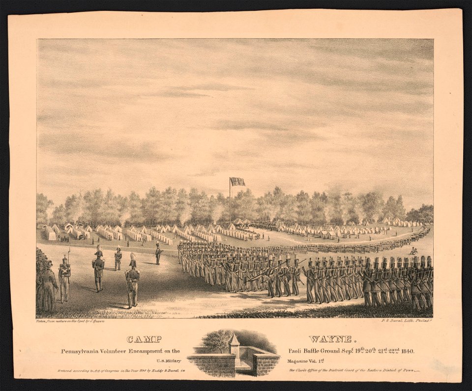 Camp Wayne. Pennsylvania volunteer encampment on the Paoli battle ground Sept. 19th, 20th, 21st, 22nd 1840 - taken from nature on the spot by J. Queen ; P.S. Duval Lith. Philada. LCCN2014649032