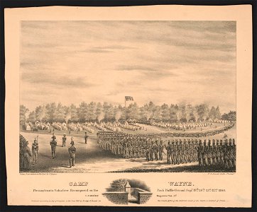 Camp Wayne. Pennsylvania volunteer encampment on the Paoli battle ground Sept. 19th, 20th, 21st, 22nd 1840 - taken from nature on the spot by J. Queen ; P.S. Duval Lith. Philada. LCCN2014649032