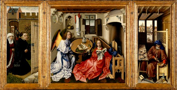 Robert Campin - Triptych with the Annunciation, known as the Merode Altarpiece - Google Art Project. Free illustration for personal and commercial use.