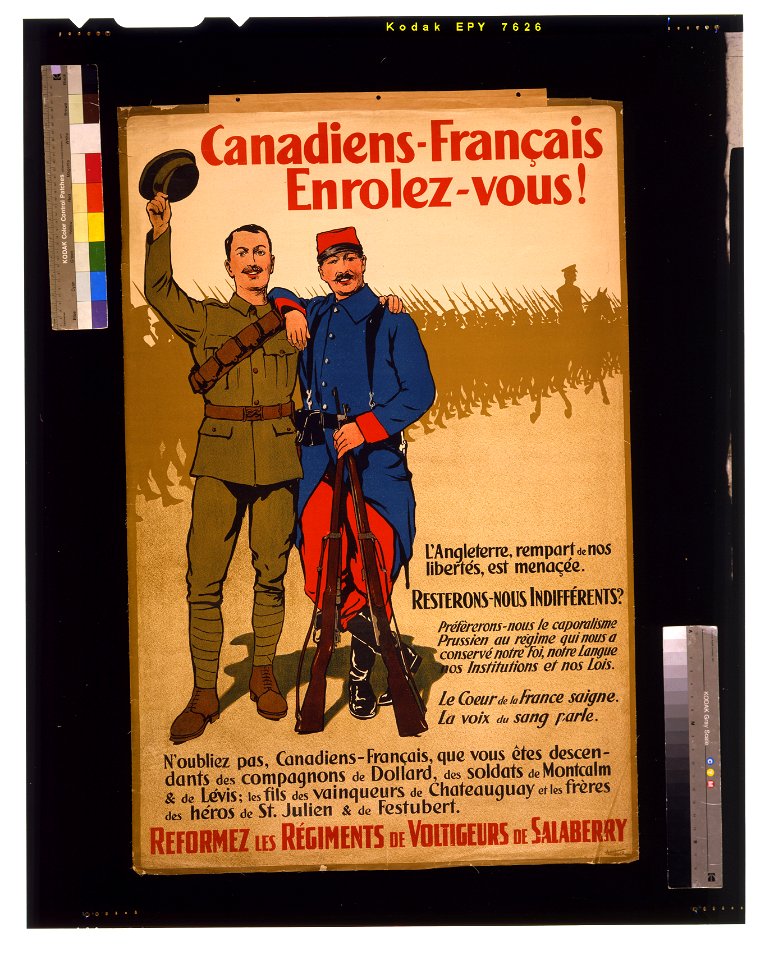 Canadiens-Français enrolez-vous! L'Angleterre, rempart de nos libertés, est menaçée.... Reformez les régiments de Voltigeurs de Salaberry - A.H. Hider. LCCN2005695751