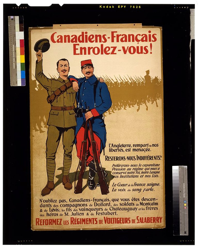 Canadiens-Français enrolez-vous! L'Angleterre, rempart de nos libertés, est menaçée.... Reformez les régiments de Voltigeurs de Salaberry - A.H. Hider. LCCN2005695751