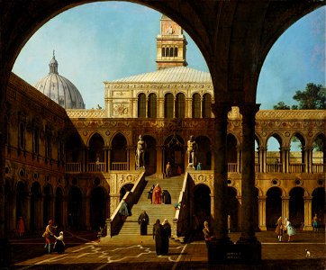 Canaletto - Capriccio View of the Courtyard of the Palazzo Ducale with the Scala dei Giganti Signed and dated 1744
