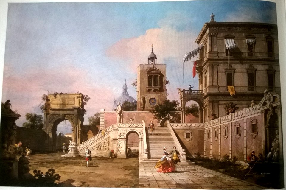 Canaletto - Capriccio of a Renaissance Palazzo with a monumental Staircase, a Clock Tower and the Arch of Titus beyond