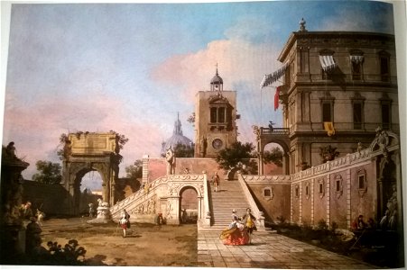 Canaletto - Capriccio of a Renaissance Palazzo with a monumental Staircase, a Clock Tower and the Arch of Titus beyond