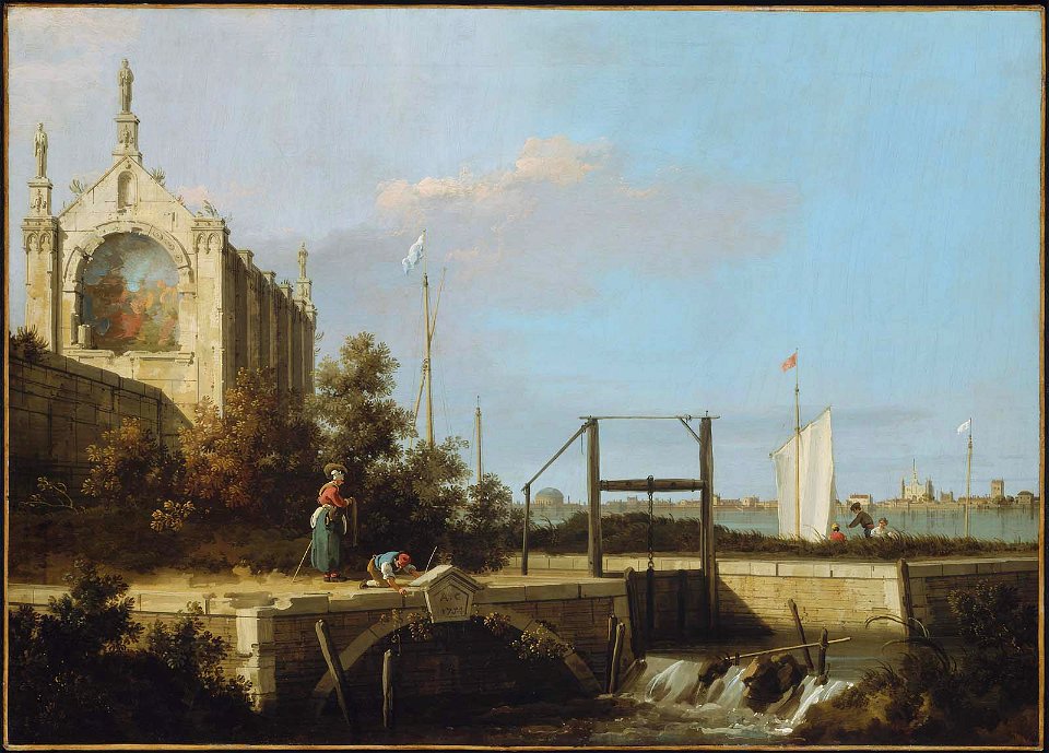 Canaletto - Capriccio of a Sluice on a River with a Chapel