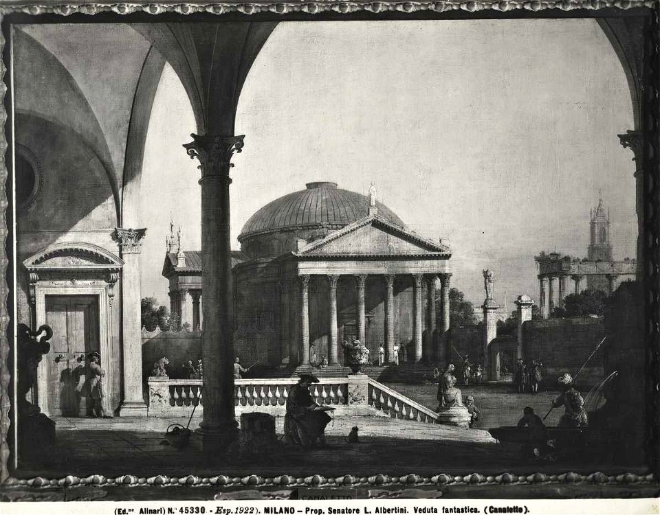 Canaletto - Veduta di fantasia con architetture di Vicenza e Roma, Collezione Albertini