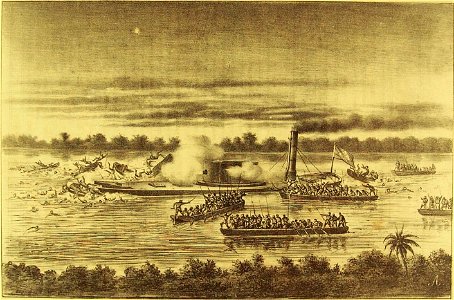 Canoas paraguayas dando abordagem ao monitor ALAGOAS, nas proximidades das baterias do Timbó.