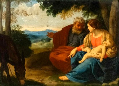 Simone Cantarini - The Rest on the flight into Egypt. Free illustration for personal and commercial use.