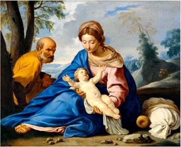 Simone Cantarini - Rest on the flight into Egypt. Free illustration for personal and commercial use.