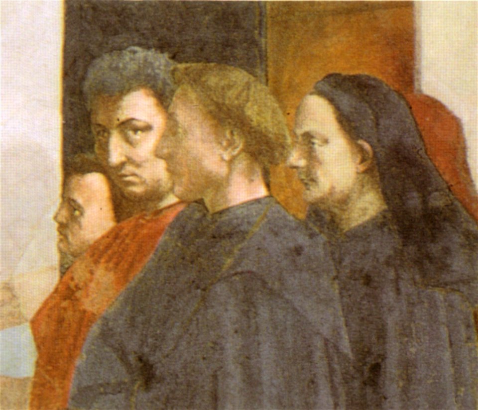 Cappella brancacci, San Pietro in cattedra, dettaglio ritratti di Masaccio, Brunelleschi, Alberti e Masolino (restaurato), Masaccio