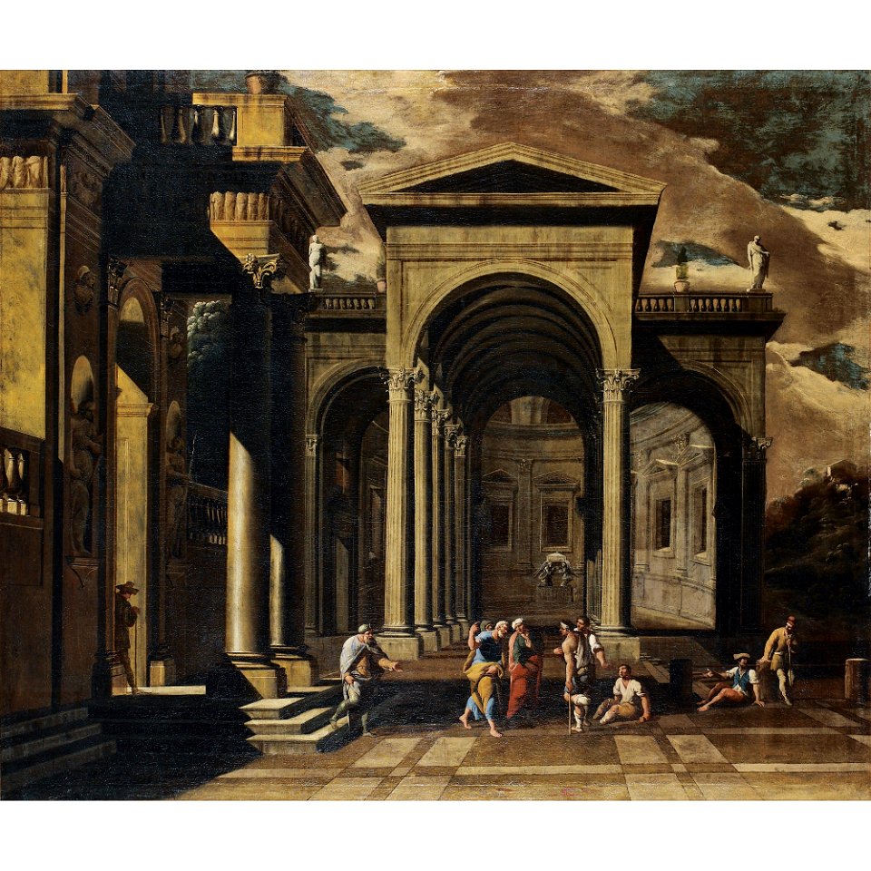 Viviano Codazzi and Domenico Gargiulo (Attr.) - Capriccio of the exterior of an elaborate palace with St Peter healing the lame