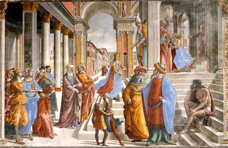 Cappella Tornabuoni, Presentation of the Virgin at the Temple 01. Free illustration for personal and commercial use.