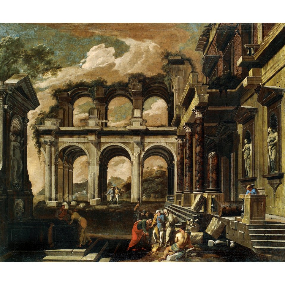 Viviano Codazzi and Domenico Gargiulo (Attr.) - A capriccio of the internal courtyard of a ruined palace with the miracle of St Paul