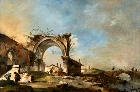 Capriccio with ruined arch, fishermen on bridge' by Francesco Guardi