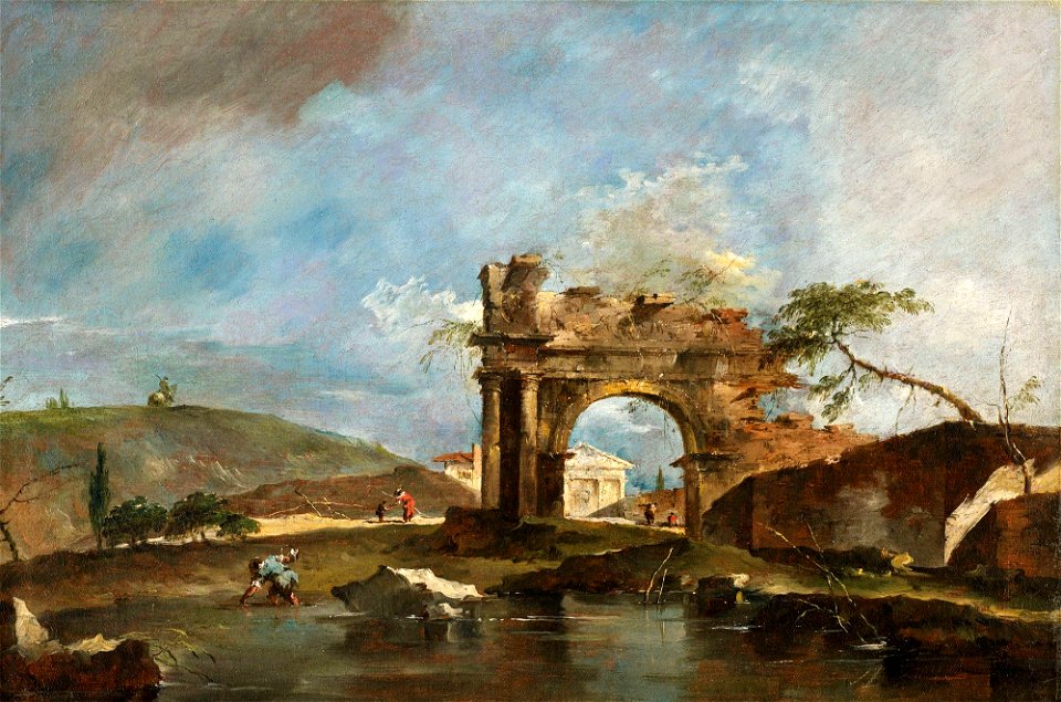 Capriccio with ruined arch, river bank, fishermen, & a temple by Guardi