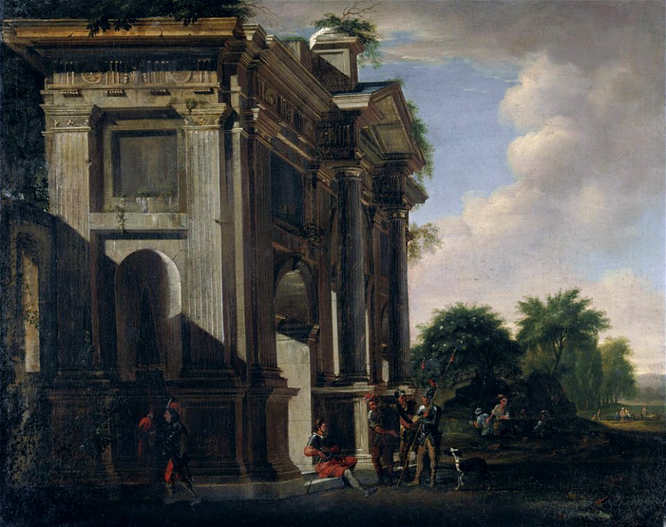 Caprice of a triumphal arch and soldiers by Viviano Codazzi and Adriaan van der Cabel