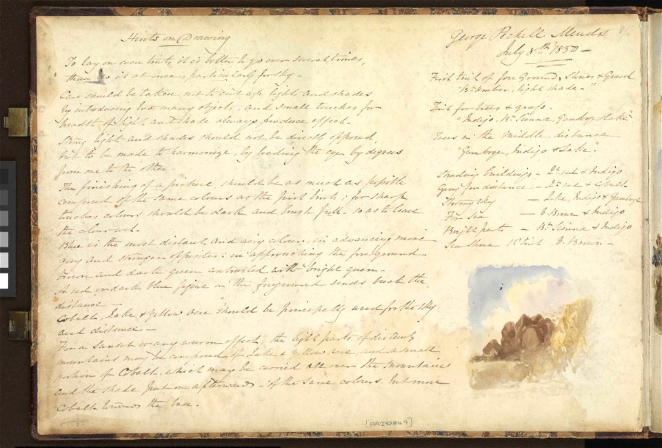 Captain Captain George Pechell Mends' 'Trafalgar' sketchbook- (inside front cover) 'Hints on Drawing' with a small watercolour landscape sketch RMG PZ0849