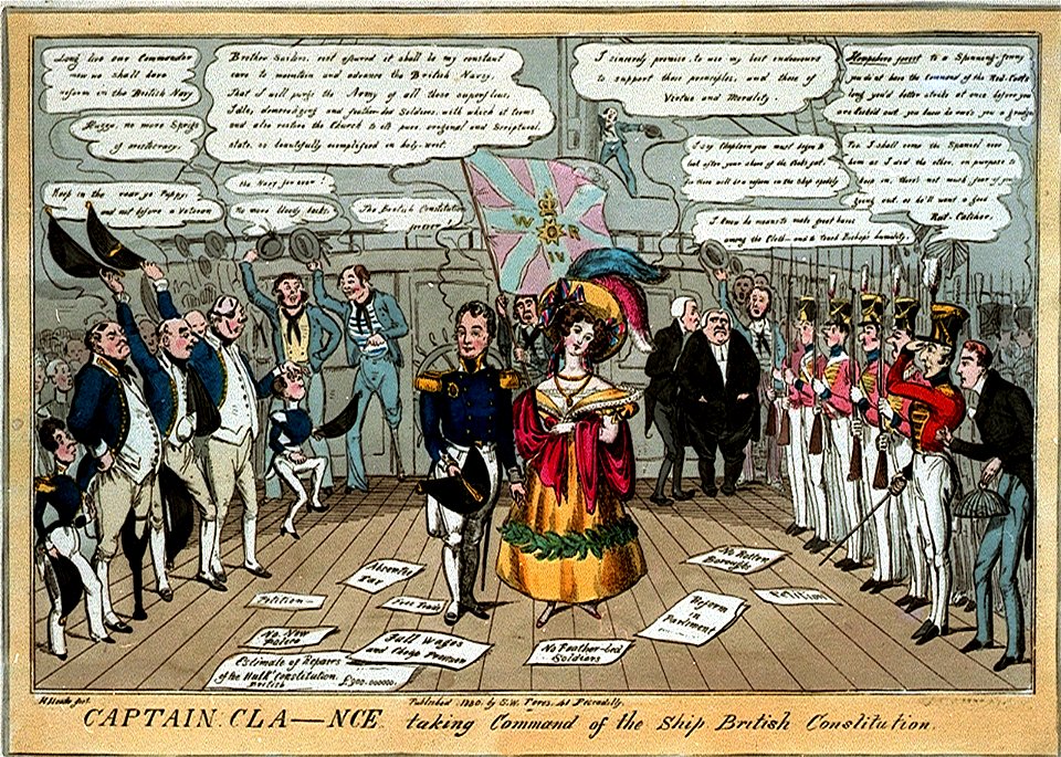 Captain Cla-nce taking Command of the Ship British Constitution (caricature) RMG PW3778