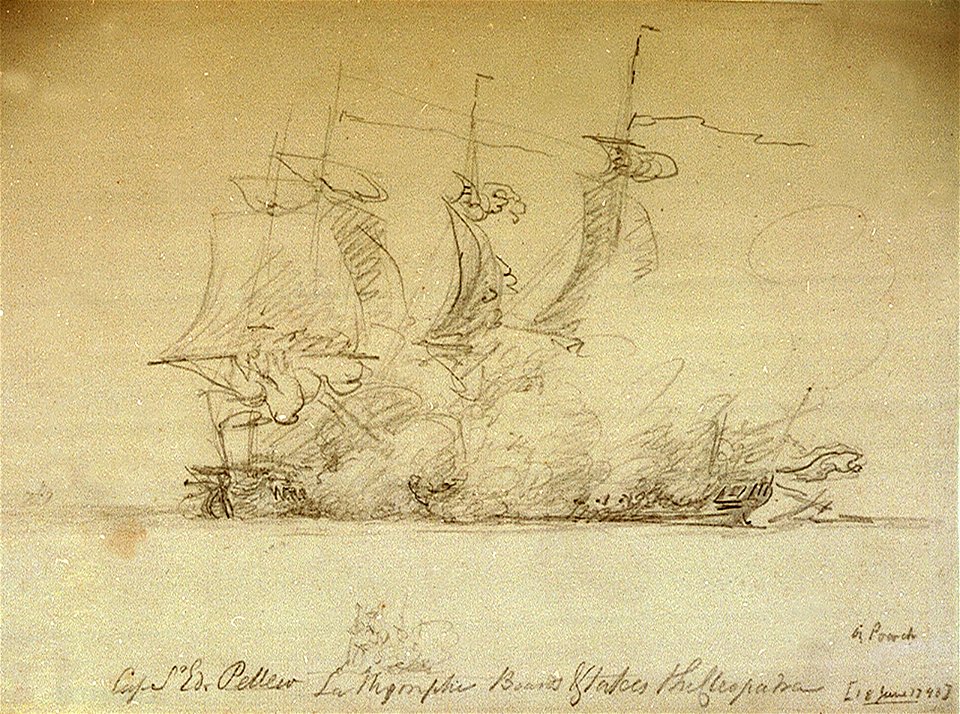 Captain Sir Edward Pellew's 'Nymphe' boards and takes the 'Cleopatra', 18 June 1793 RMG PU8717