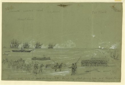 Capture of the Forts at Cape Hatteras inlet-First day, fleet opening fire and troops landing in the surf LCCN2004660375