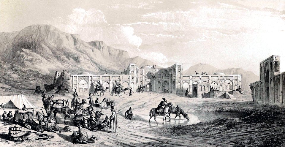 Caravanserai Mahyar , exterior view by Eugène Flandin