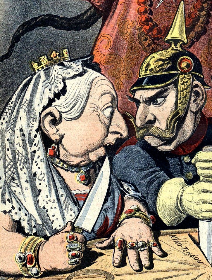 Caricature of Queen Victoria and Caricature of Wilhelm II of Germany on 16 January 1898 detail from China imperialism cartoon (cropped)