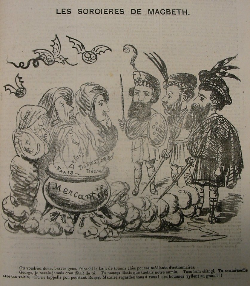 Caricature witches Macbeth banking crisis Jersey 1873