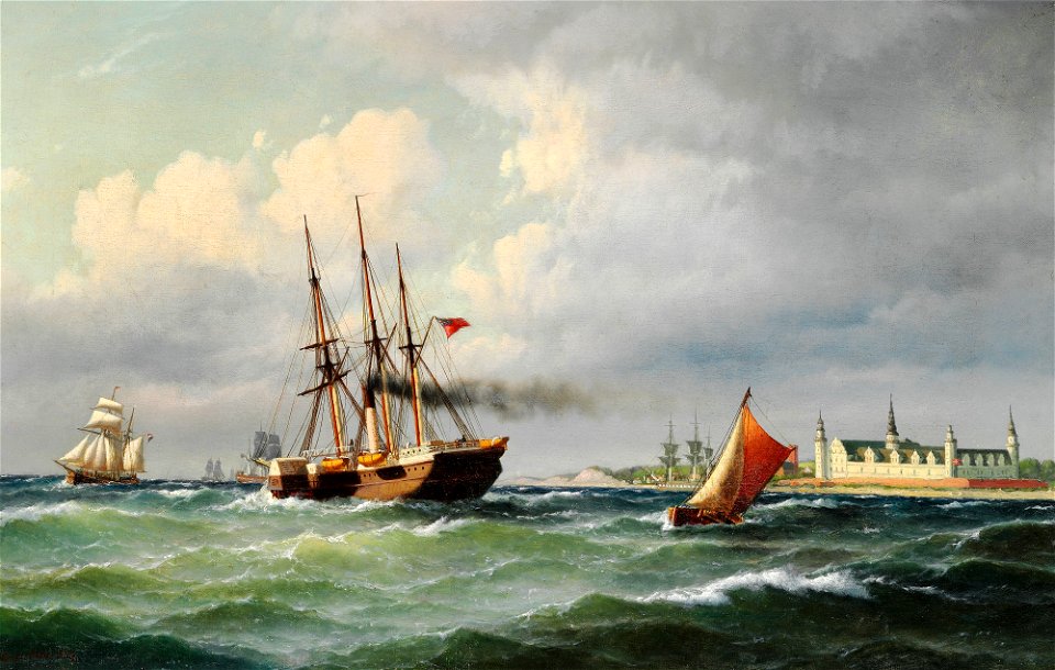 Carl Bille - Marinemaleri på Kronborg med talrige skibe og en lodsbåd