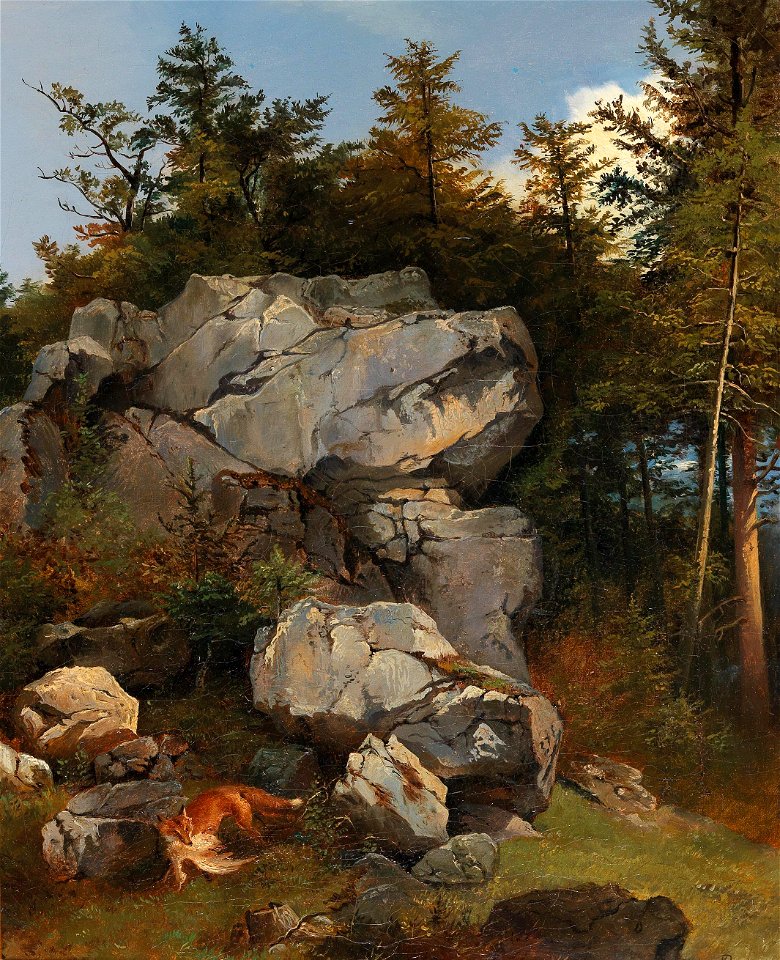 Carl Borromäus Burde Fuchs mit Beute in felsiger Landschaft 1858
