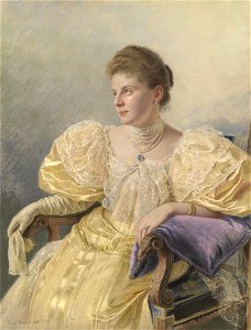 Carl Bunzl Porträt einer eleganten Dame in gelbem Kleid 1894. Free illustration for personal and commercial use.