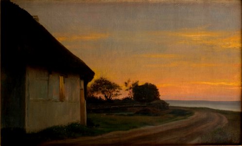 Carl Bloch - Evening lanscape with a house and garden by the sea. Ellekilde - Google Art Project. Free illustration for personal and commercial use.