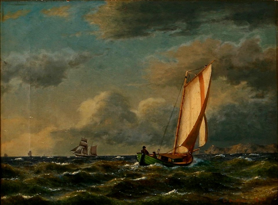 Carl Buntzen - Marinemaleri med sejlskibe ud for en kyst