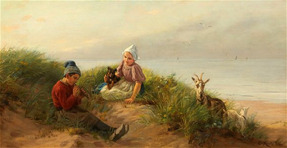 Carl Emil Mücke Spielende Kinder am Strand mit Hund und Ziegen