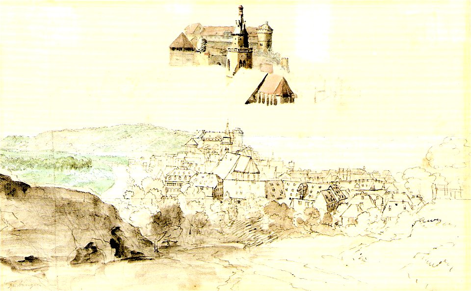 Carl F. Doerr - Tübingen + Chor der Stiftskirche vom Österberg, Federzchg aquarell ca1820 Inv.3208 (SW236E)
