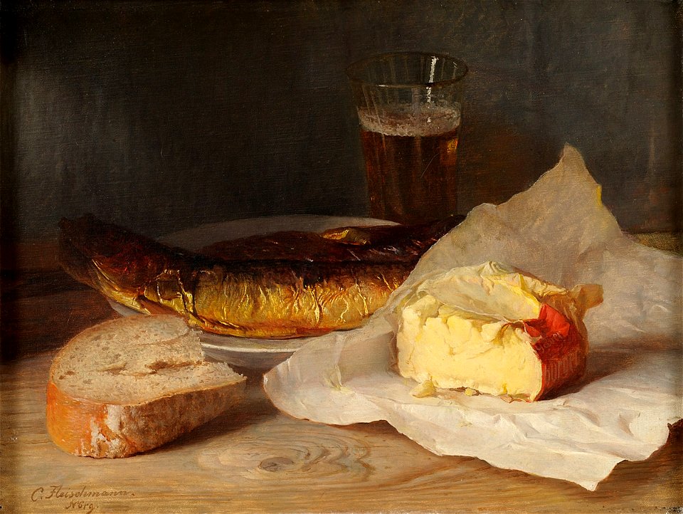 Carl Fleischmann Stillleben mit Fisch Käse und Brot