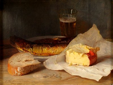 Carl Fleischmann Stillleben mit Fisch Käse und Brot