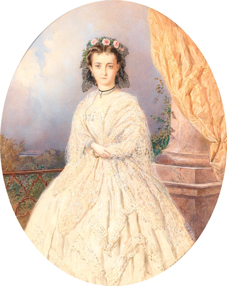 Carl Goebel - A portrait of a bride with roses in the hair, standing on a balcony